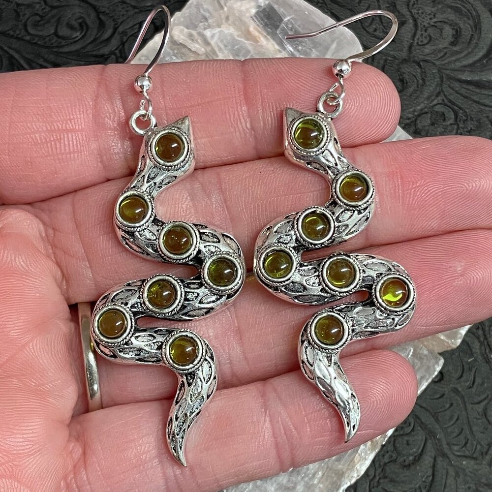 Curvy Snakes With Green Glass Earrings